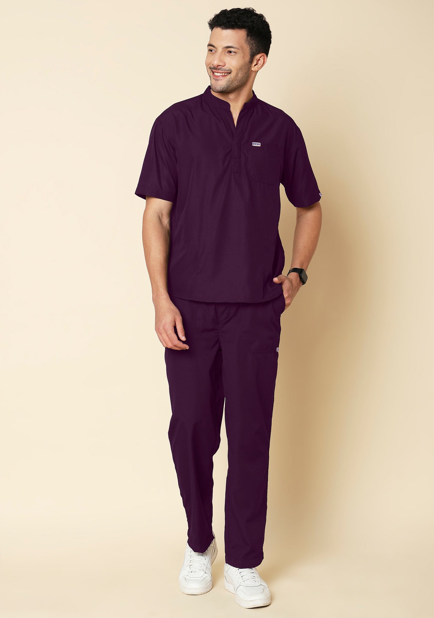 Classic Men's 3-Pocket Mandarin Collar (Wine) Scrub Top