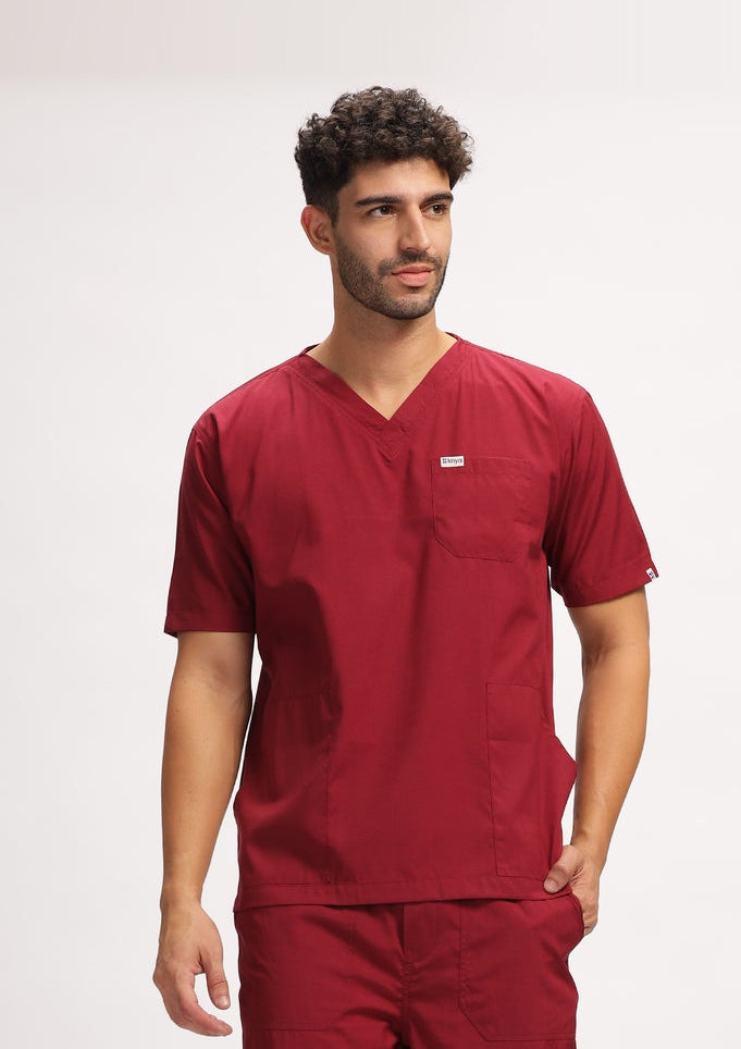 Classic Men's 3-Pocket (Maroon) Scrub Top