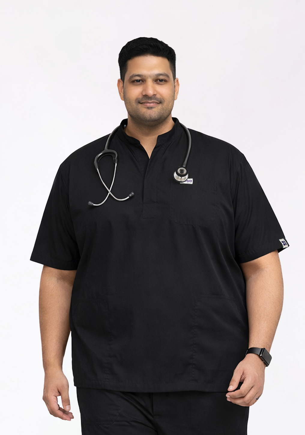 Classic Plus Size Men's 3-Pocket Mandarin Collar (Black) Scrub Top