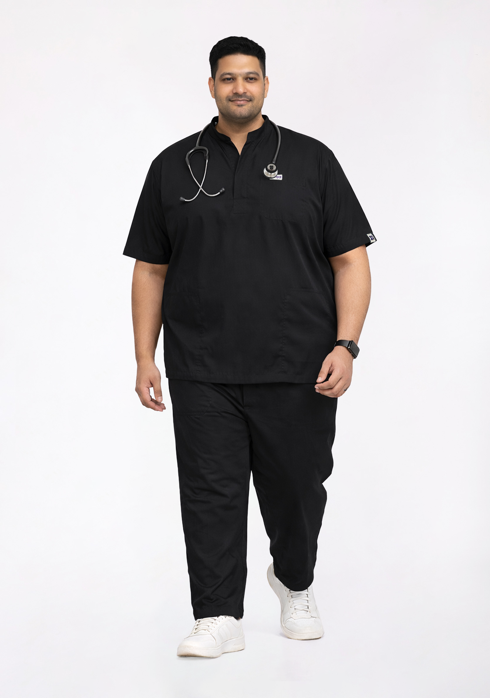 Classic Men's Mandarin Collar (Black) Plus Size Scrub
