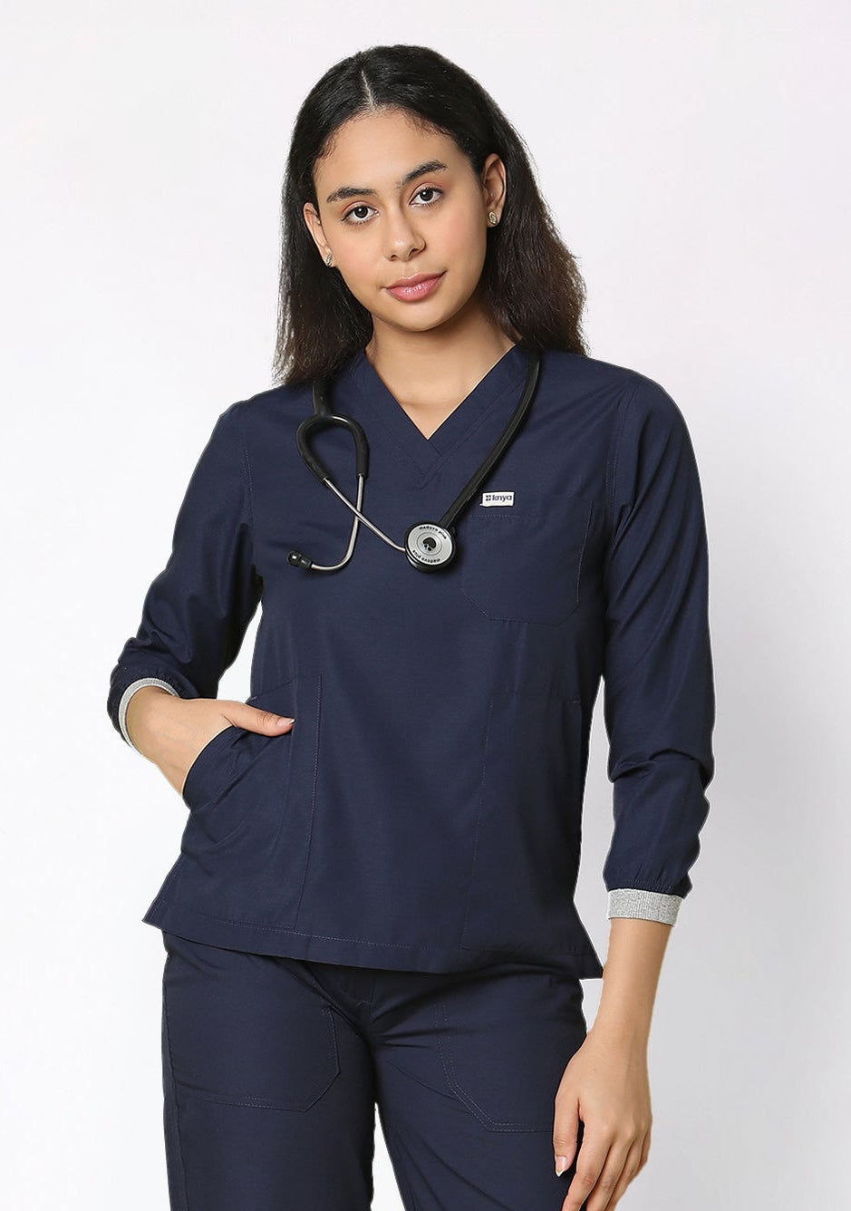 Classic Women's 3-Pocket Longsleeves (Navy) Scrub Top