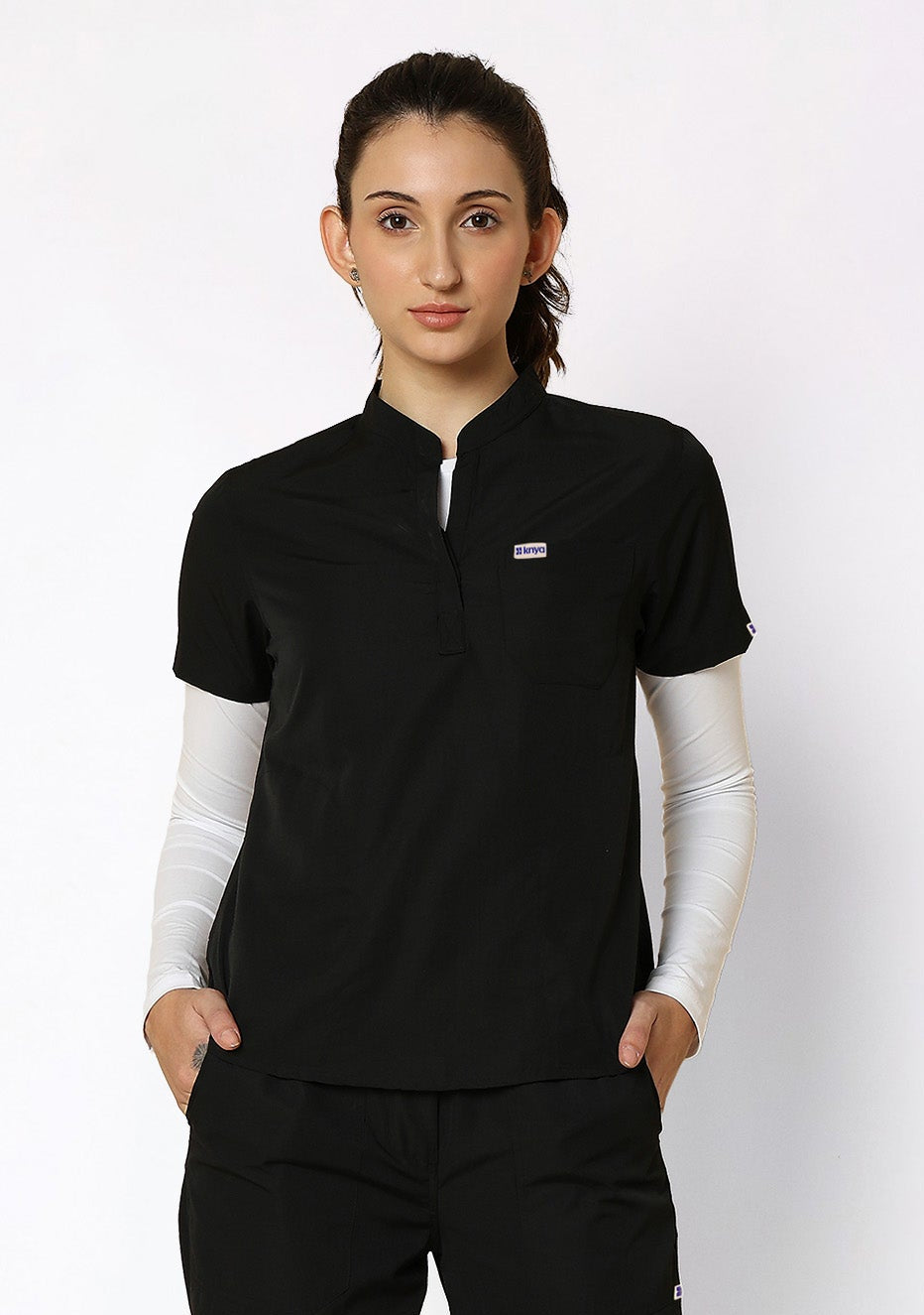 Classic Women's 3-Pocket Mandarin Collar (Black) Scrub Top