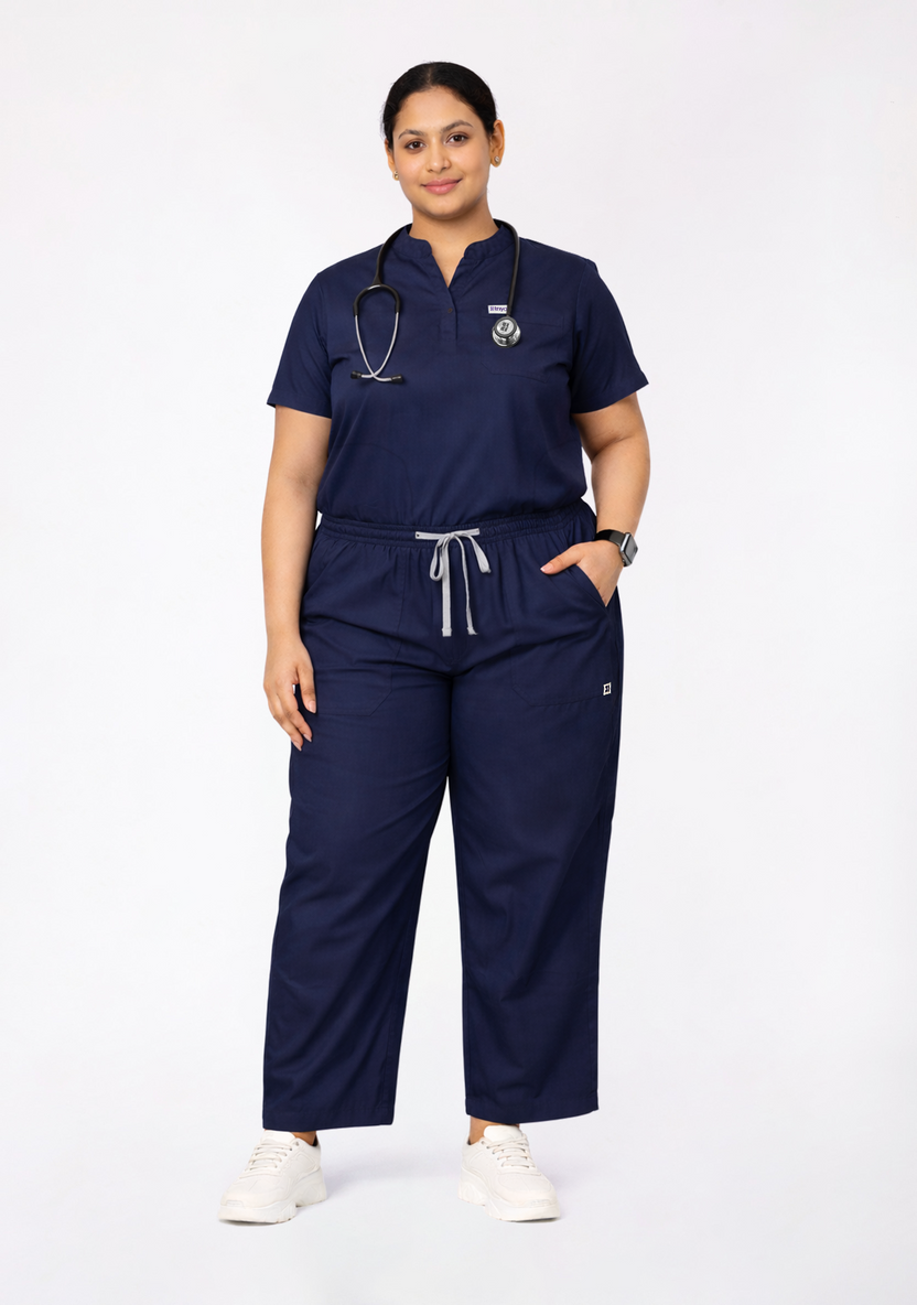Classic Women's Mandarin Collar (Navy) Plus Size Scrub