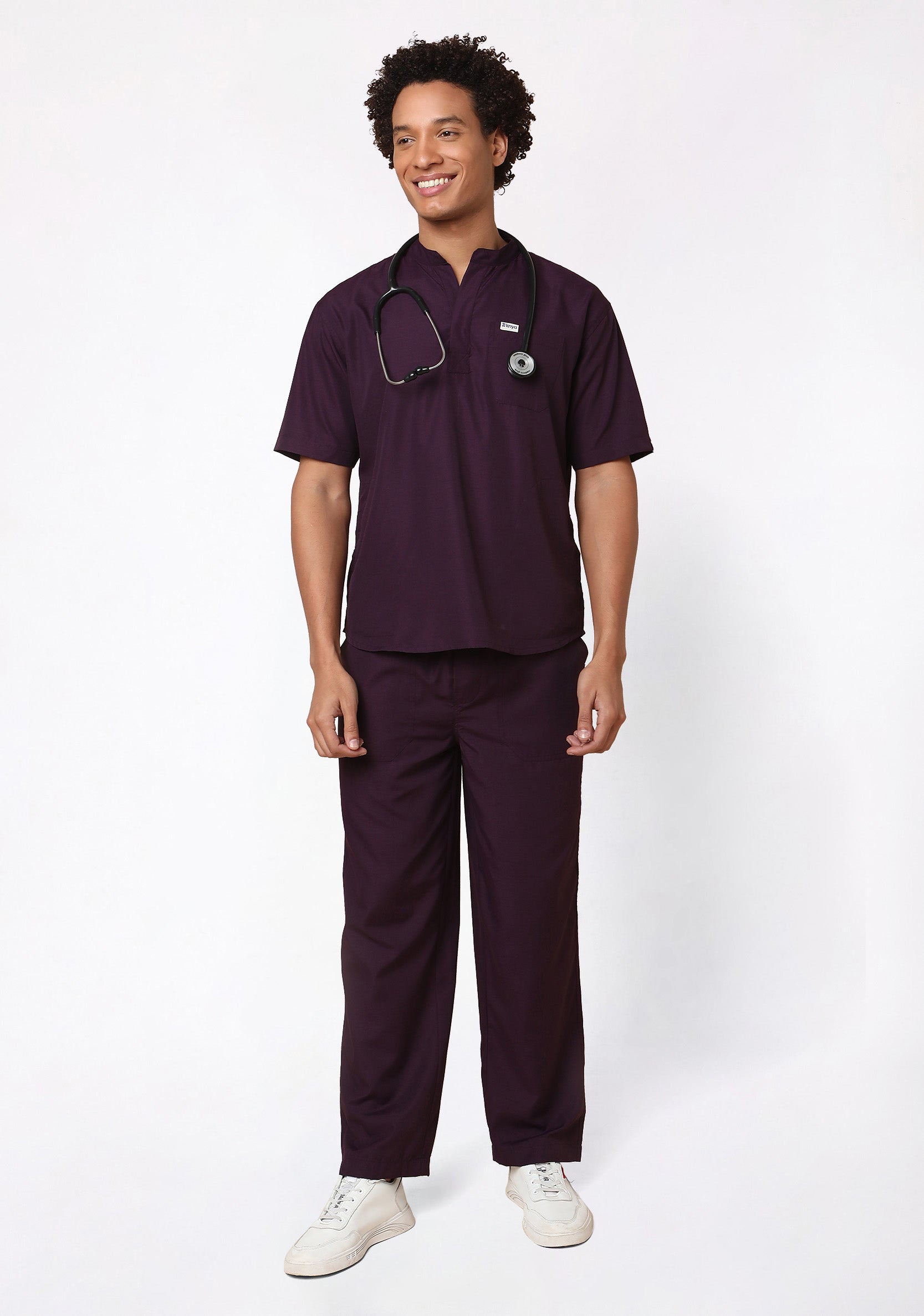 Classic Men's Mandarin Collar (Wine) Plus Size Scrub