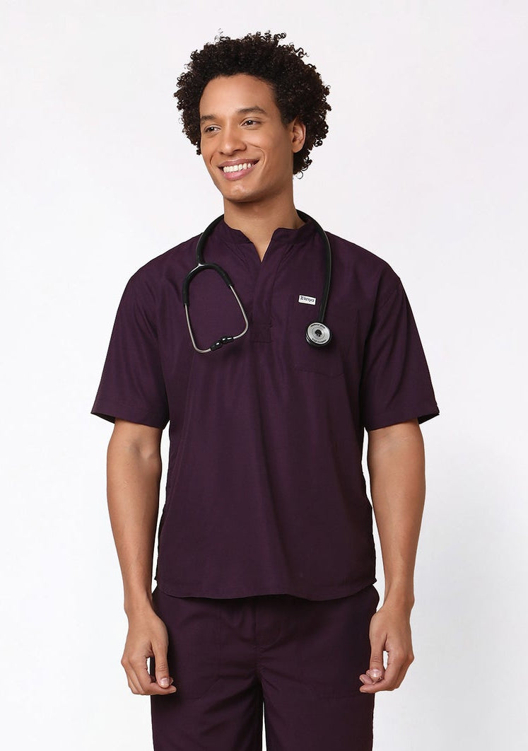 Classic Men's 3-Pocket Mandarin Collar (Wine) Scrub Top