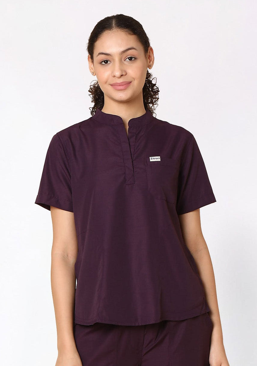 Classic Women's 3-Pocket Mandarin Collar (Wine) Scrub Top