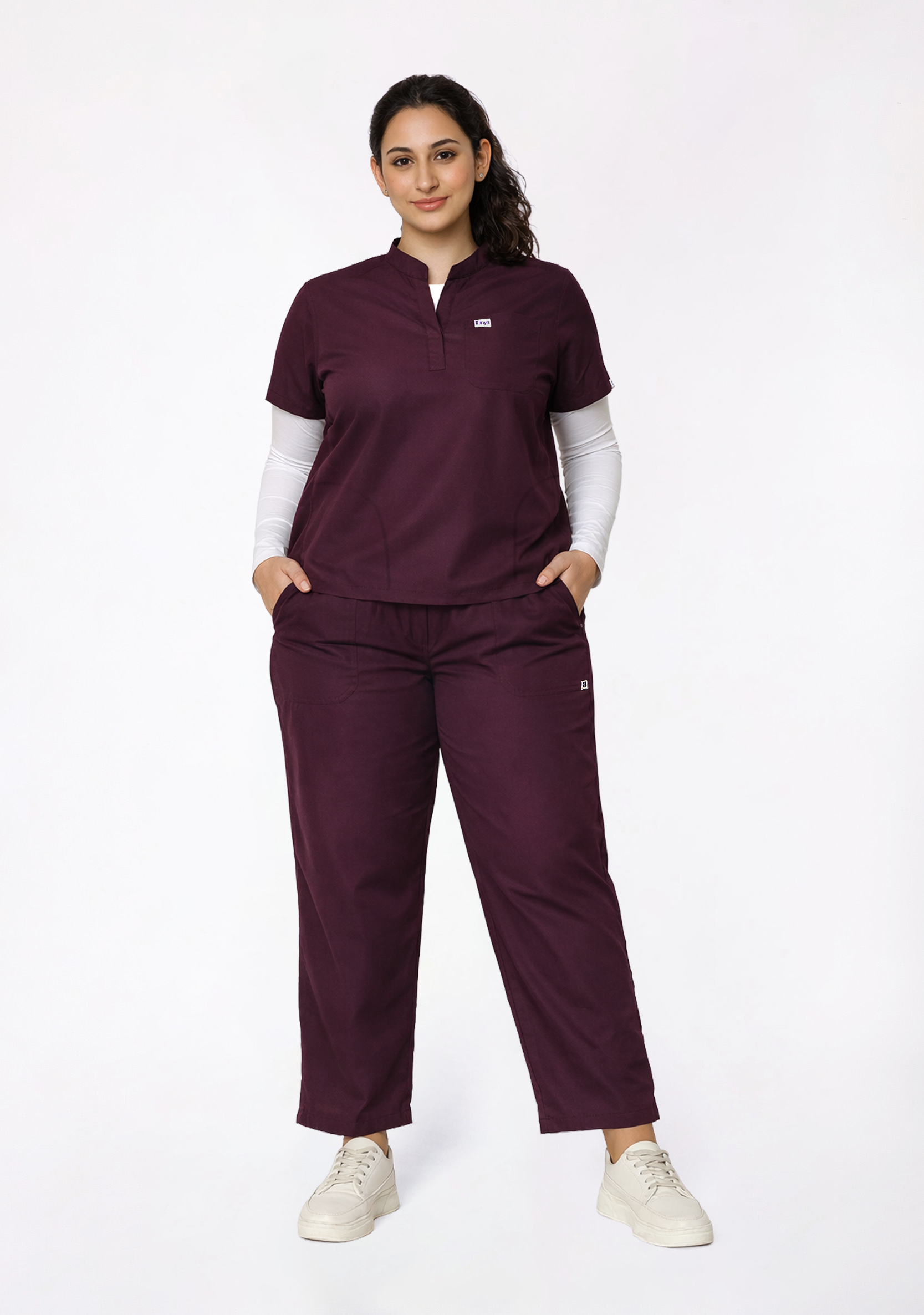 Classic Women's Mandarin Collar (Wine) Plus Size Scrub