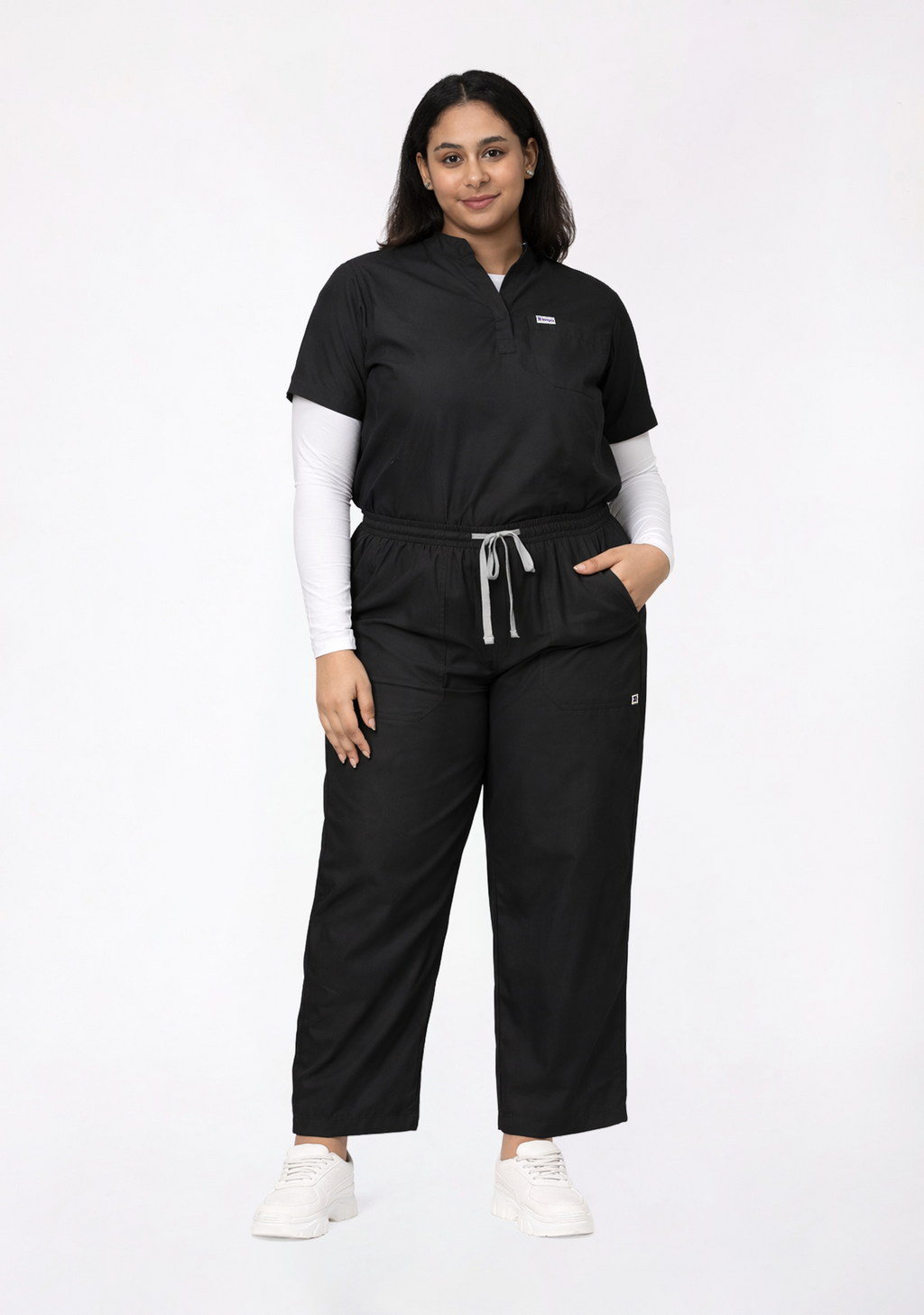 Classic Women's Mandarin Collar (Black) Plus Size Scrub