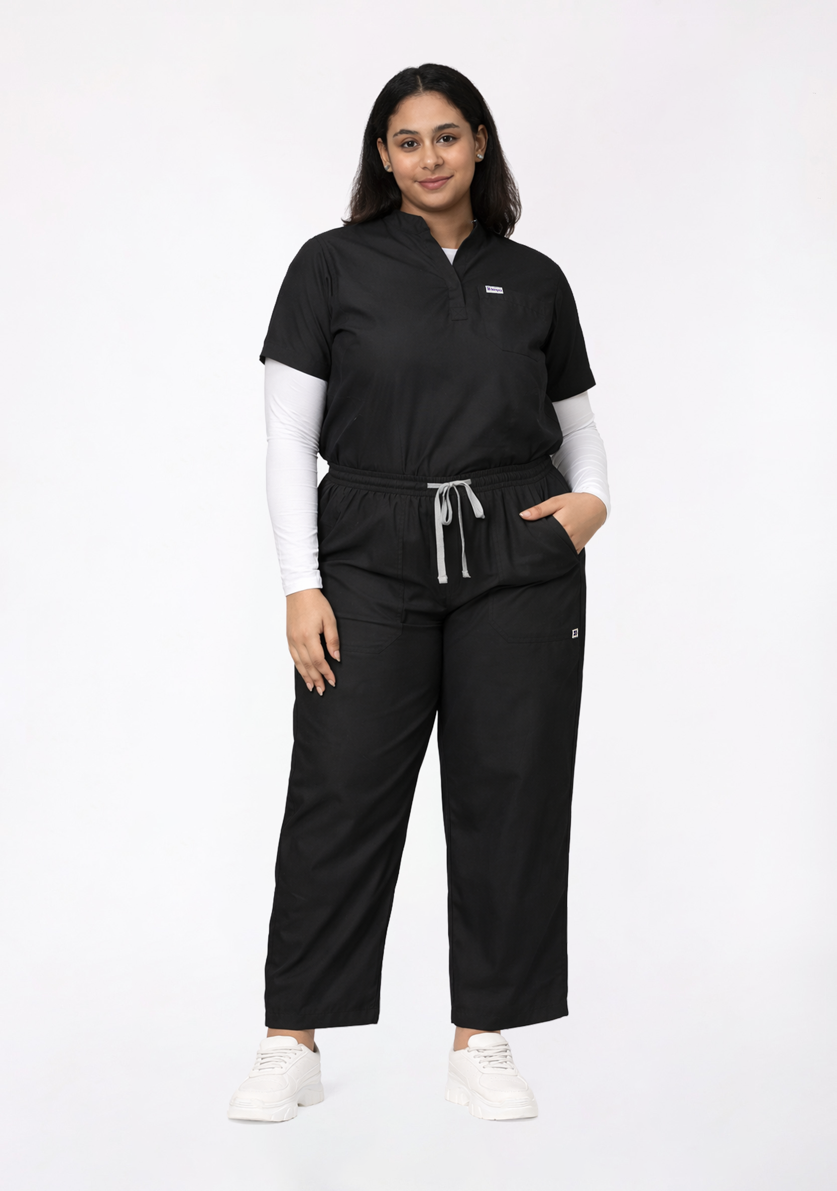 Classic Women's Mandarin Collar (Black) Plus Size Scrub