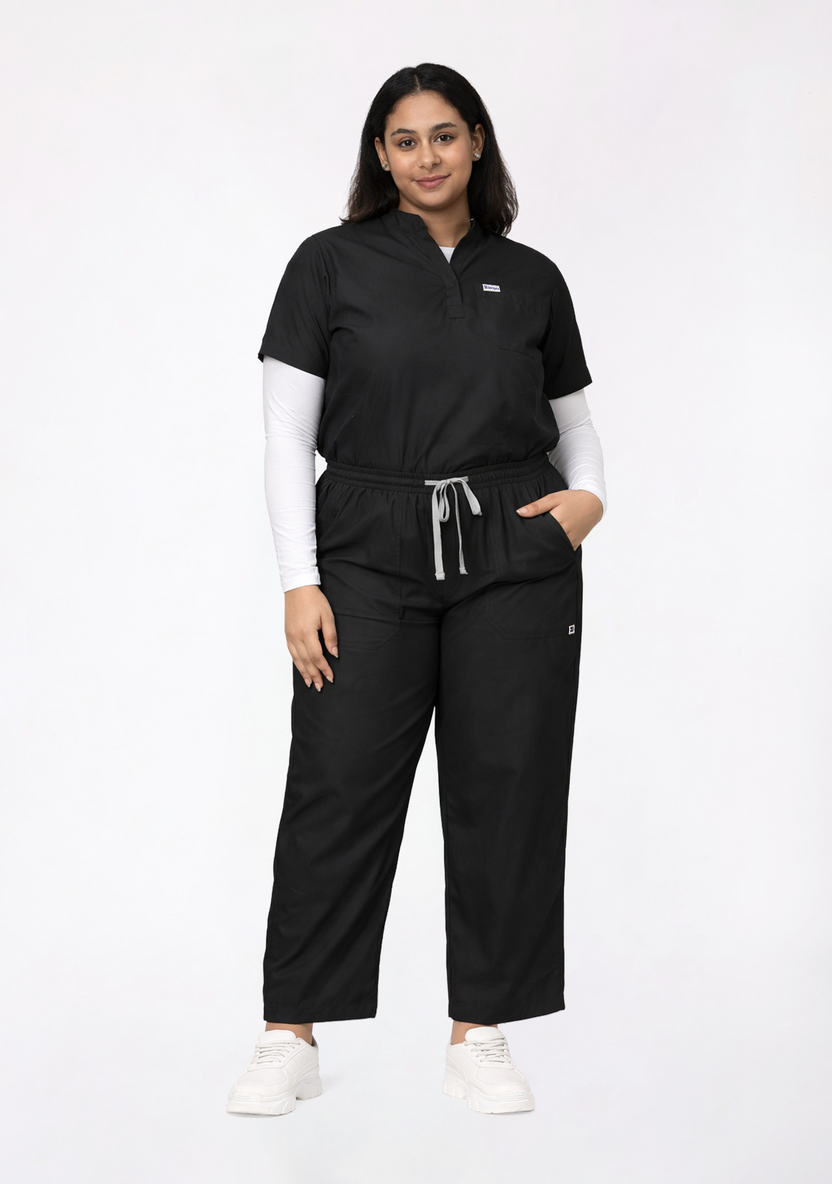 Classic Women's Mandarin Collar (Black) Plus Size Scrub