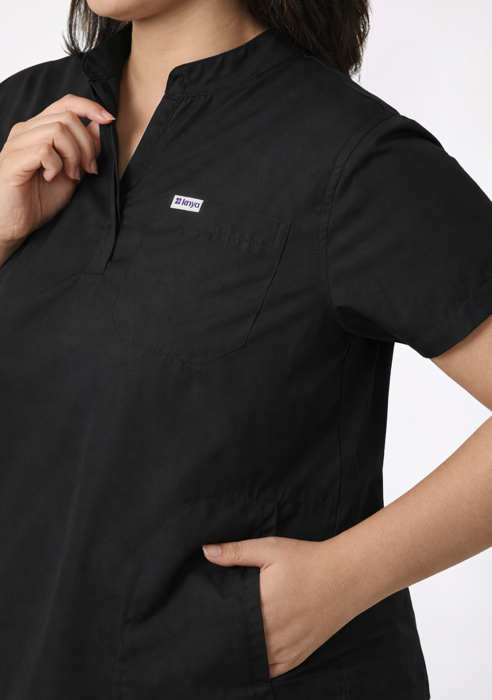 Classic Women's Mandarin Collar (Black) Plus Size Scrub