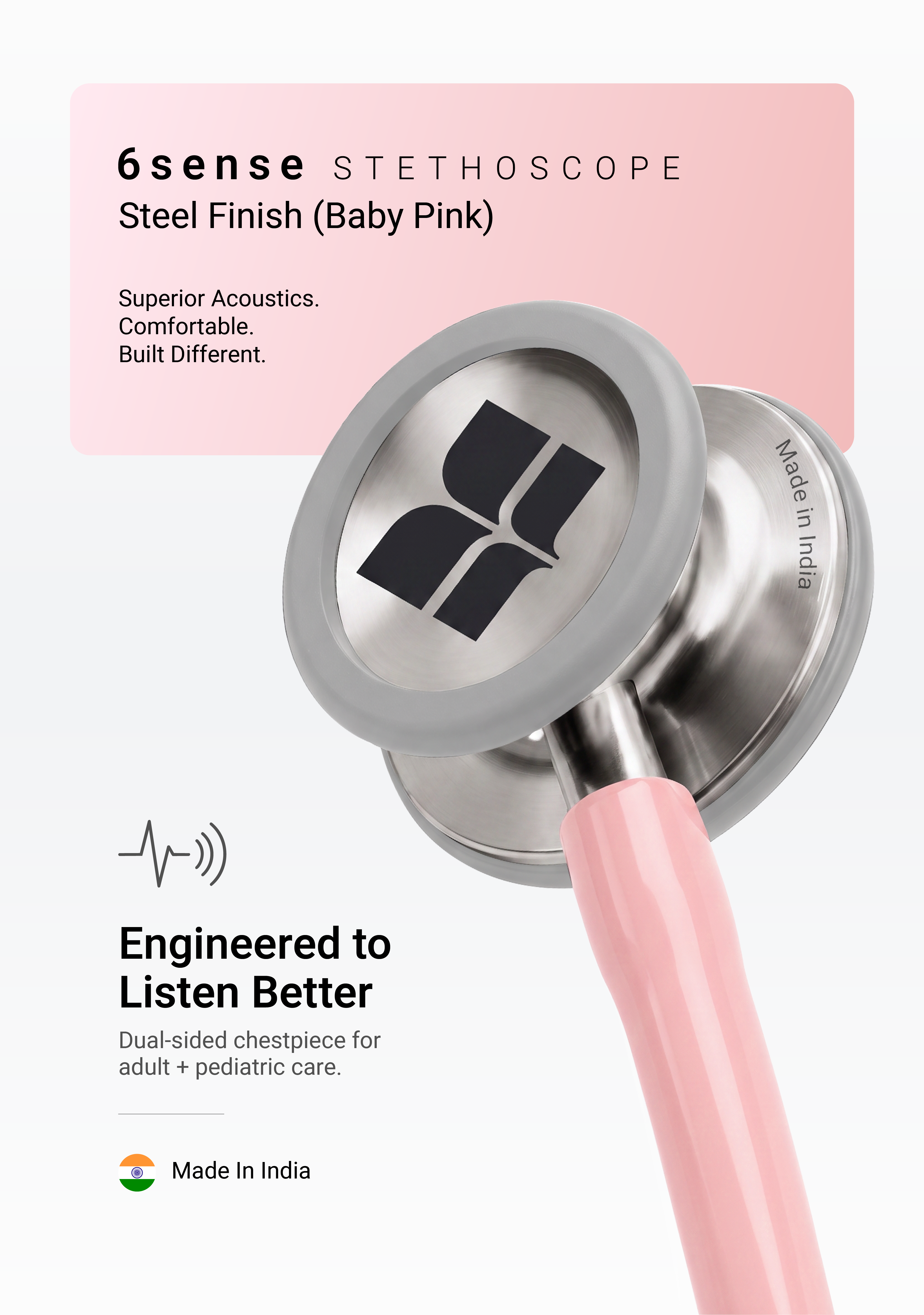 6sense (Baby Pink), Steel Finish Stethoscope