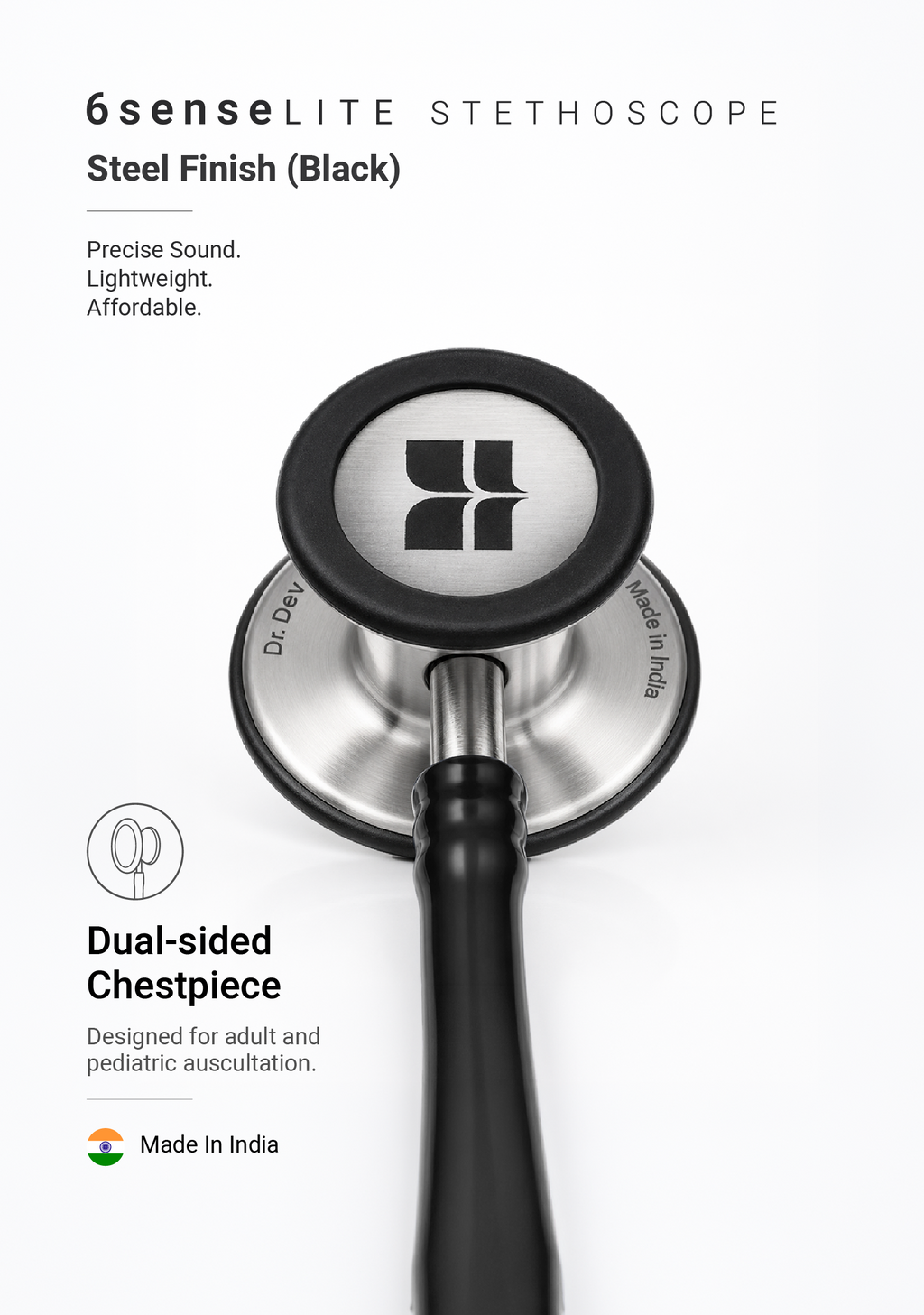 6sense Lite (Black), Steel Finish Stethoscope