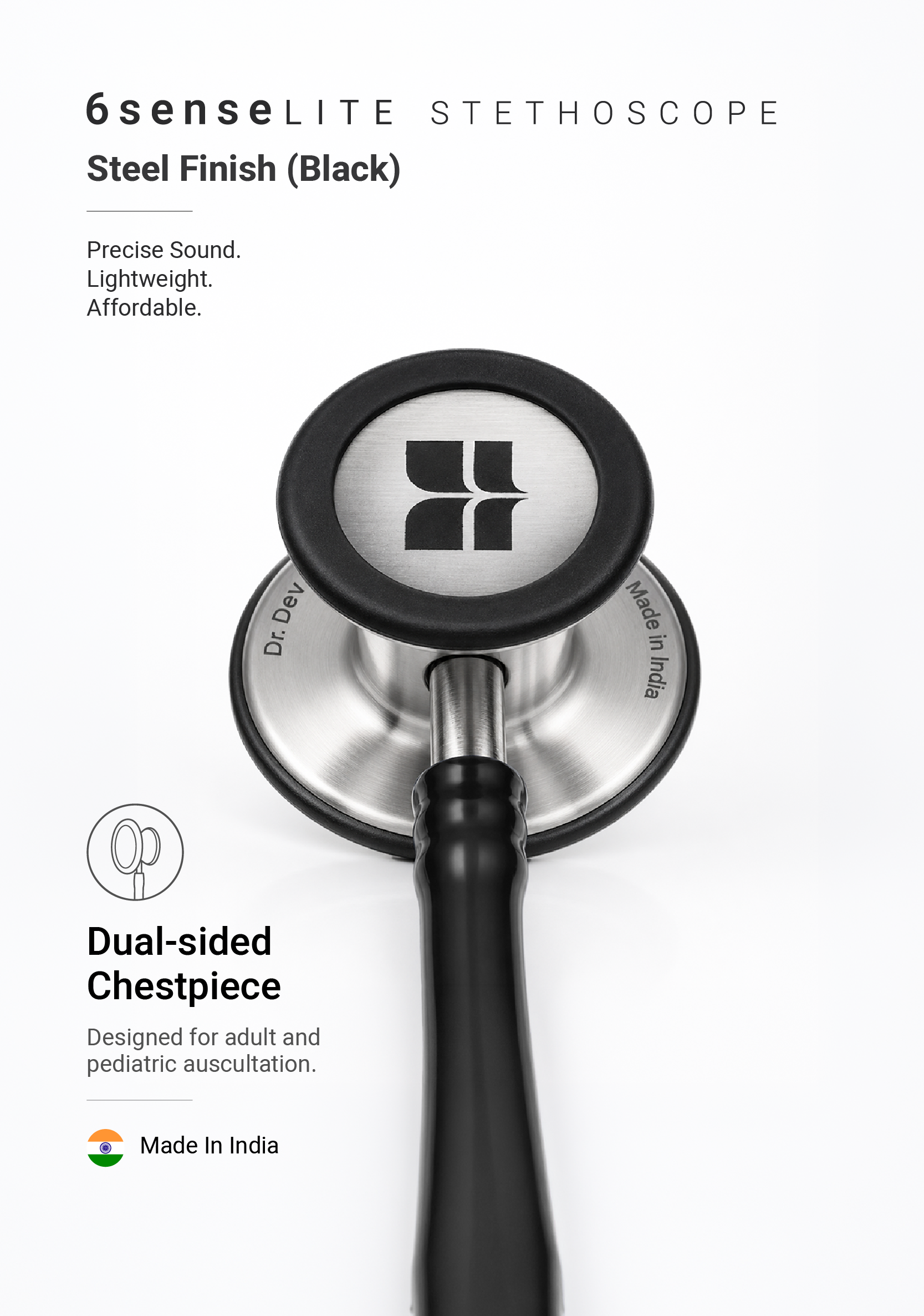 6sense Lite (Black), Steel Finish Stethoscope