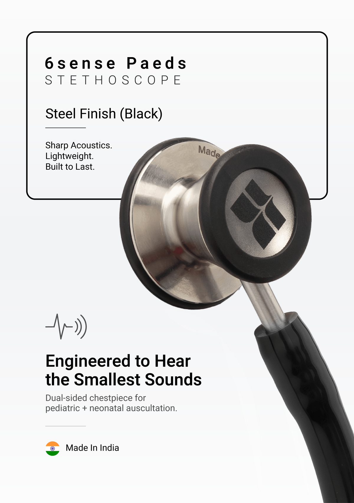 6sense Paeds (Black), Steel Finish Stethoscope