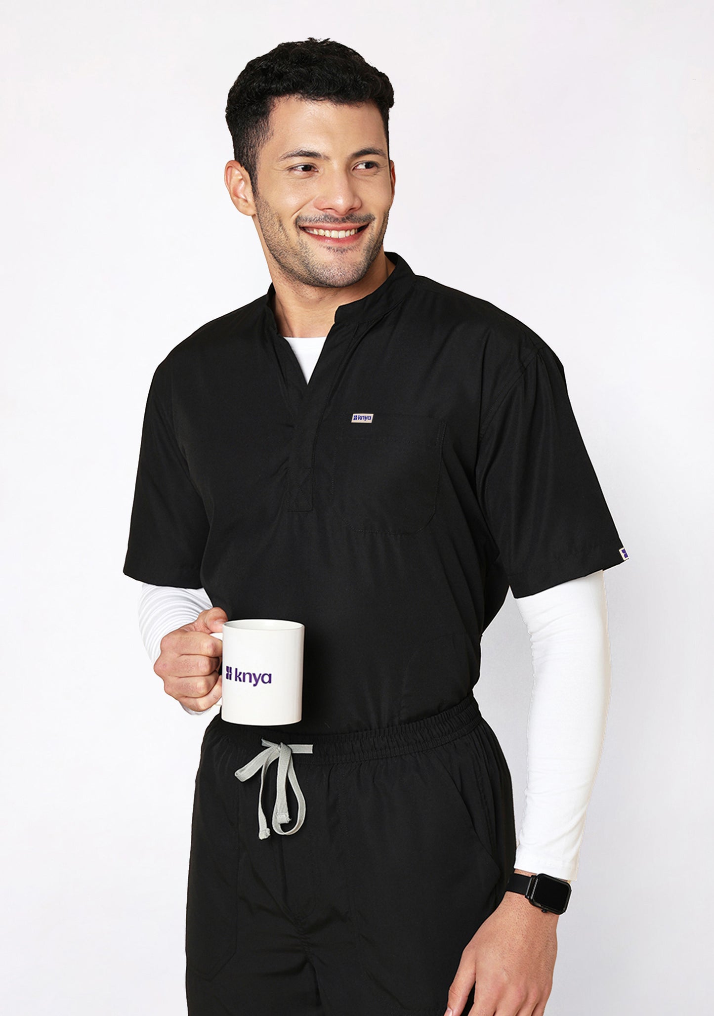 Classic Men's Mandarin Collar (Black) Plus Size Scrub