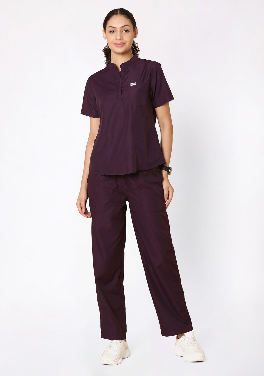 Classic Women's Mandarin Collar (Wine) Plus Size Scrub