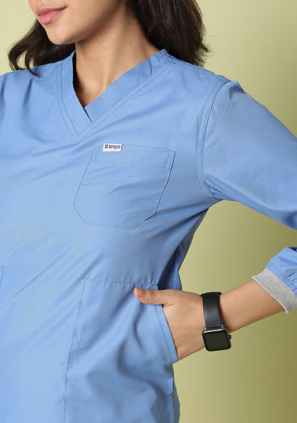 5 Pocket Ceil Blue Long Sleeve Scrubs for Women