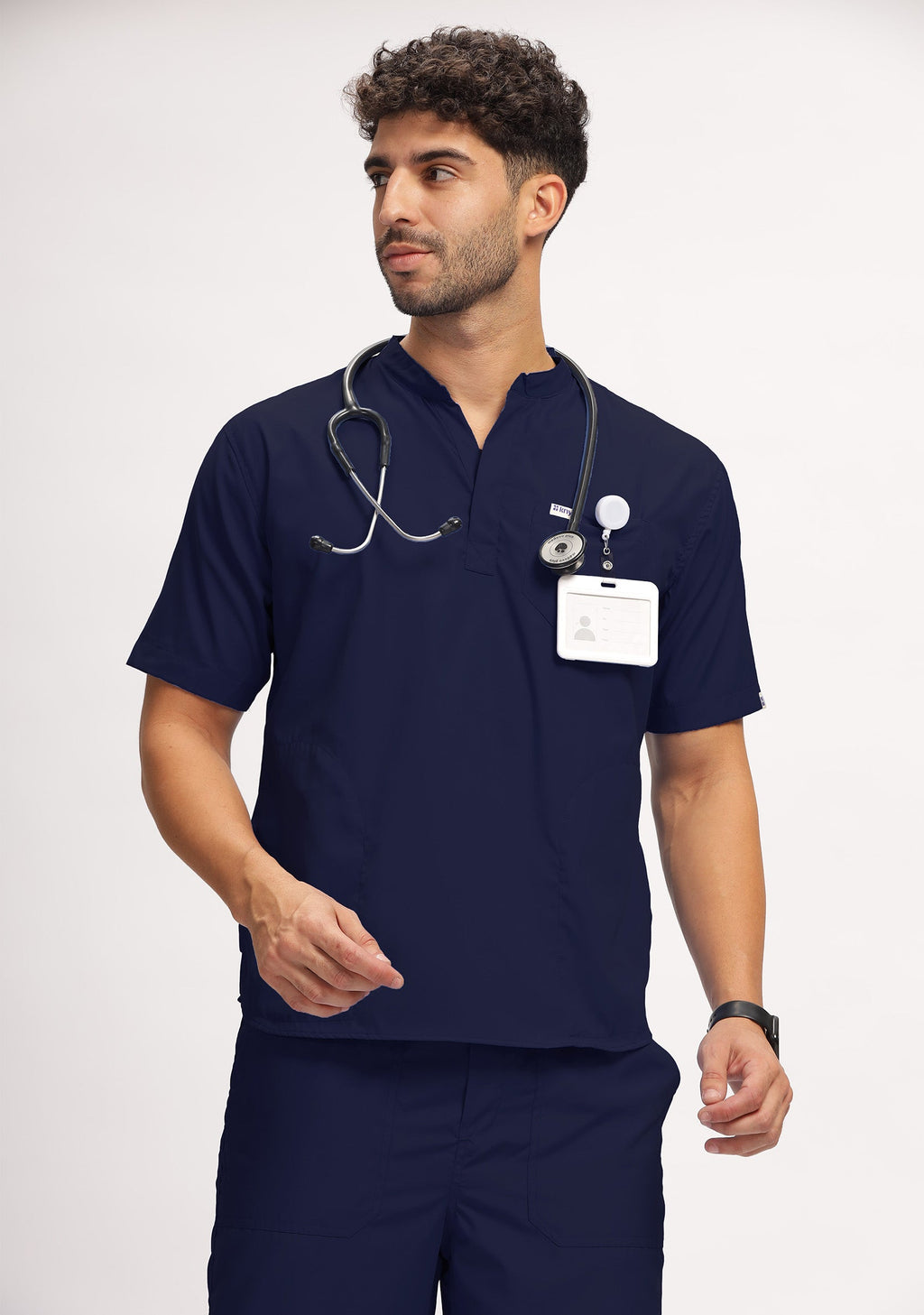 Classic Men's Mandarin Collar (Navy) Plus Size Scrub