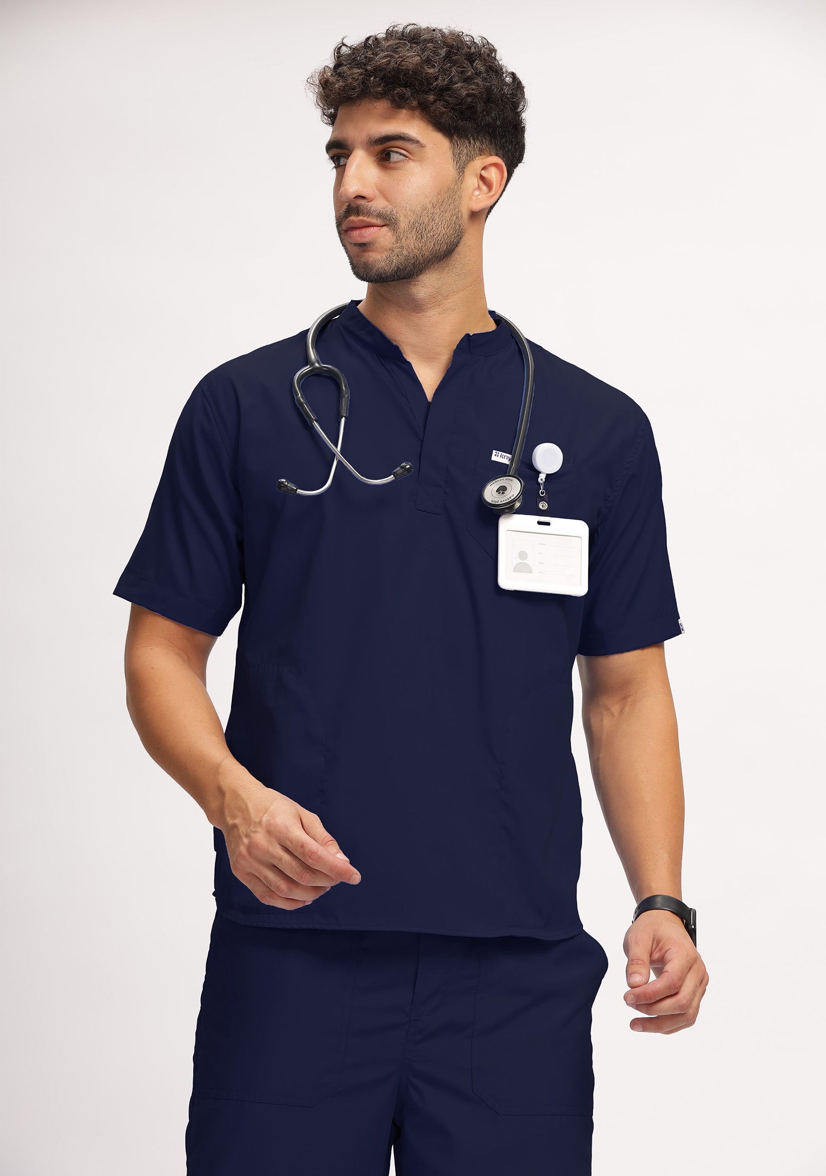 Classic Men's Mandarin Collar (Navy) Plus Size Scrub
